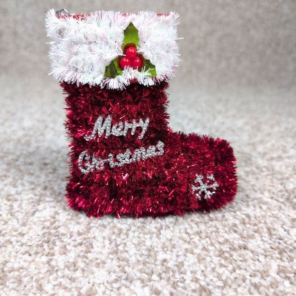 Red Tinsel Christmas Stocking Merry Christmas Snowflake Ornament Decoration